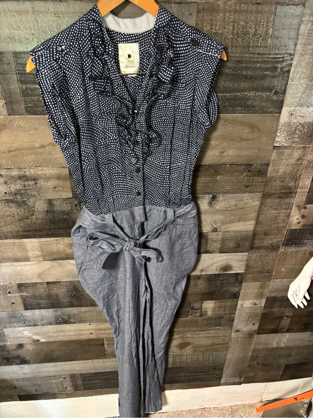 elevenses By Anthropology Jumpsuit w/ Polka dot top w/ Chambray Trousers Size 6